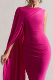 Reveal Dark Pink One-Sleeve Cape Midi Dress