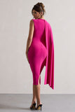 Reveal Dark Pink One-Sleeve Cape Midi Dress