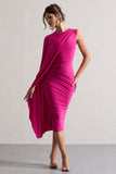 Reveal Dark Pink One-Sleeve Cape Midi Dress