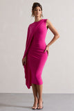 Reveal Dark Pink One-Sleeve Cape Midi Dress