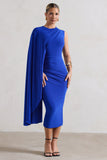 Reveal Royal Blue One-Sleeve Cape Midi Dress