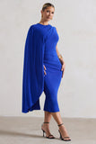Reveal Royal Blue One-Sleeve Cape Midi Dress