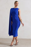 Reveal Royal Blue One-Sleeve Cape Midi Dress