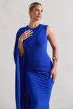Reveal Royal Blue One-Sleeve Cape Midi Dress