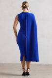 Reveal Royal Blue One-Sleeve Cape Midi Dress