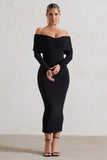 Marcella Black Bodycon Bardot Midi Dress