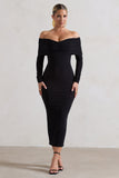 Marcella Black Bodycon Bardot Midi Dress