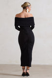 Marcella Black Bodycon Bardot Midi Dress
