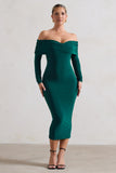 Marcella Bottle Green Bodycon Bardot Midi Dress