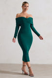 Marcella Bottle Green Bodycon Bardot Midi Dress