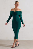 Marcella Bottle Green Bodycon Bardot Midi Dress
