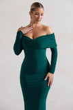 Marcella Bottle Green Bodycon Bardot Midi Dress