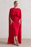 Camellia Red Midi Dress With High-Low Cape