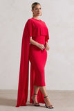 Camellia Red Midi Dress With High-Low Cape
