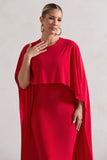 Camellia Red Midi Dress With High-Low Cape