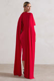 Camellia Red Midi Dress With High-Low Cape