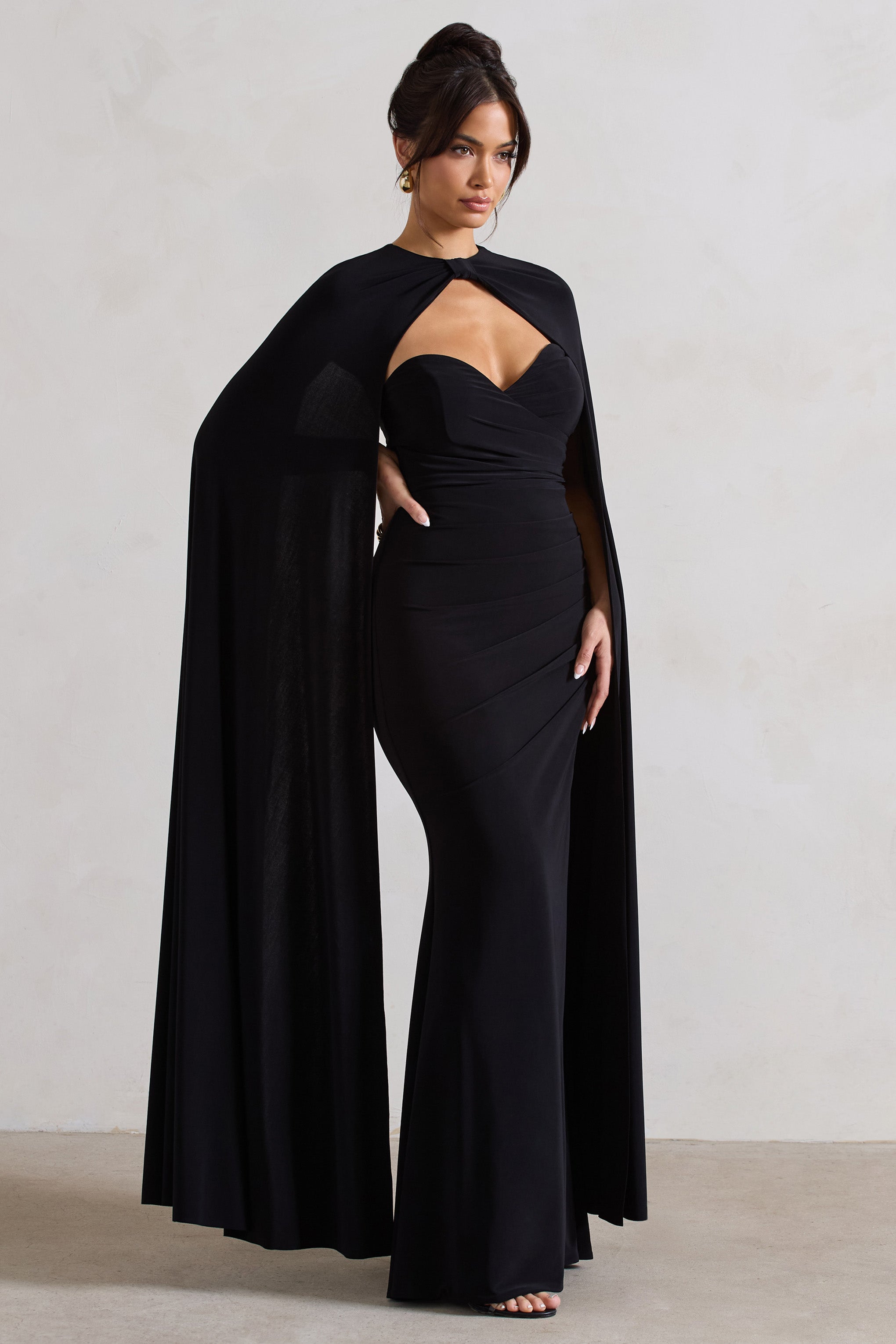 Reign Black Corset Wrap Maxi Dress With Cape