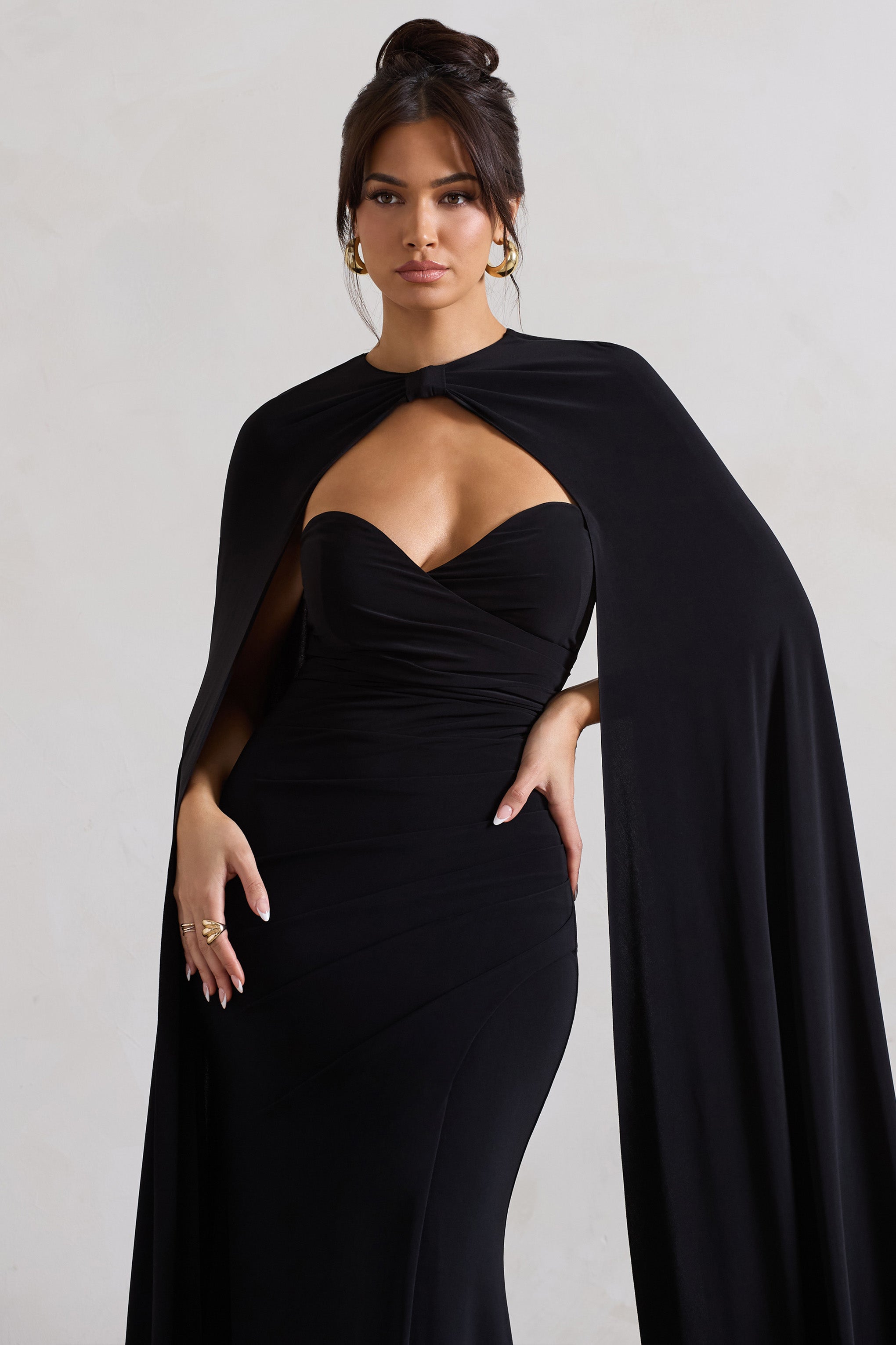 Reign Black Corset Wrap Maxi Dress With Cape