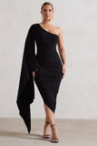 Halsey Black Ruched One Shoulder Cape Sleeve Asymmetric Midi Dress