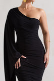 Halsey Black Ruched One Shoulder Cape Sleeve Asymmetric Midi Dress