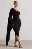 Halsey Black Ruched One Shoulder Cape Sleeve Asymmetric Midi Dress