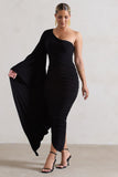 Halsey Black Ruched One Shoulder Cape Sleeve Asymmetric Midi Dress