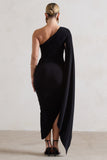 Halsey Black Ruched One Shoulder Cape Sleeve Asymmetric Midi Dress