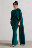 Padma Bottle Green Draped Maxi Dress With Cape Sleeves