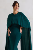 Padma Bottle Green Draped Maxi Dress With Cape Sleeves
