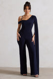 Jelena Navy Asymmetric Draped Straight-Leg Jumpsuit With Cape Sleeve