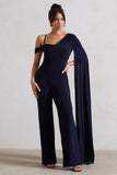 Jelena Navy Asymmetric Draped Straight-Leg Jumpsuit With Cape Sleeve
