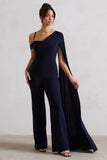 Jelena Navy Asymmetric Draped Straight-Leg Jumpsuit With Cape Sleeve
