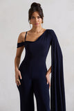 Jelena Navy Asymmetric Draped Straight-Leg Jumpsuit With Cape Sleeve