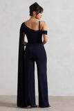 Jelena Navy Asymmetric Draped Straight-Leg Jumpsuit With Cape Sleeve