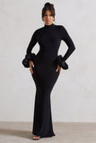 Mystic Black High-Neck Maxi Dress With Satin Cuffs