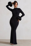 Mystic Black High-Neck Maxi Dress With Satin Cuffs