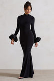 Mystic Black High-Neck Maxi Dress With Satin Cuffs