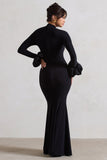 Mystic Black High-Neck Maxi Dress With Satin Cuffs