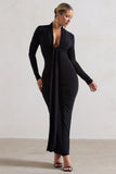 Risha Black Plunge-Neck Long-Sleeve Drape Maxi Dress