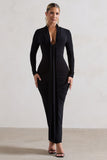 Risha Black Plunge-Neck Long-Sleeve Drape Maxi Dress