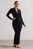 Risha Black Plunge-Neck Long-Sleeve Drape Maxi Dress