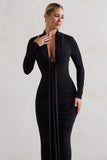 Risha Black Plunge-Neck Long-Sleeve Drape Maxi Dress