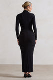 Risha Black Plunge-Neck Long-Sleeve Drape Maxi Dress