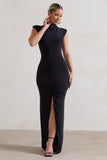 Samira Black Ruched High-Neck Split Maxi Dress