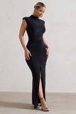 Samira Black Ruched High-Neck Split Maxi Dress