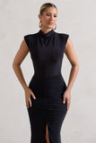 Samira Black Ruched High-Neck Split Maxi Dress