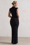 Samira Black Ruched High-Neck Split Maxi Dress
