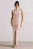 Samira Champagne Ruched High-Neck Split Maxi Dress
