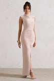 Samira Champagne Ruched High-Neck Split Maxi Dress