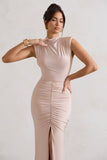 Samira Champagne Ruched High-Neck Split Maxi Dress